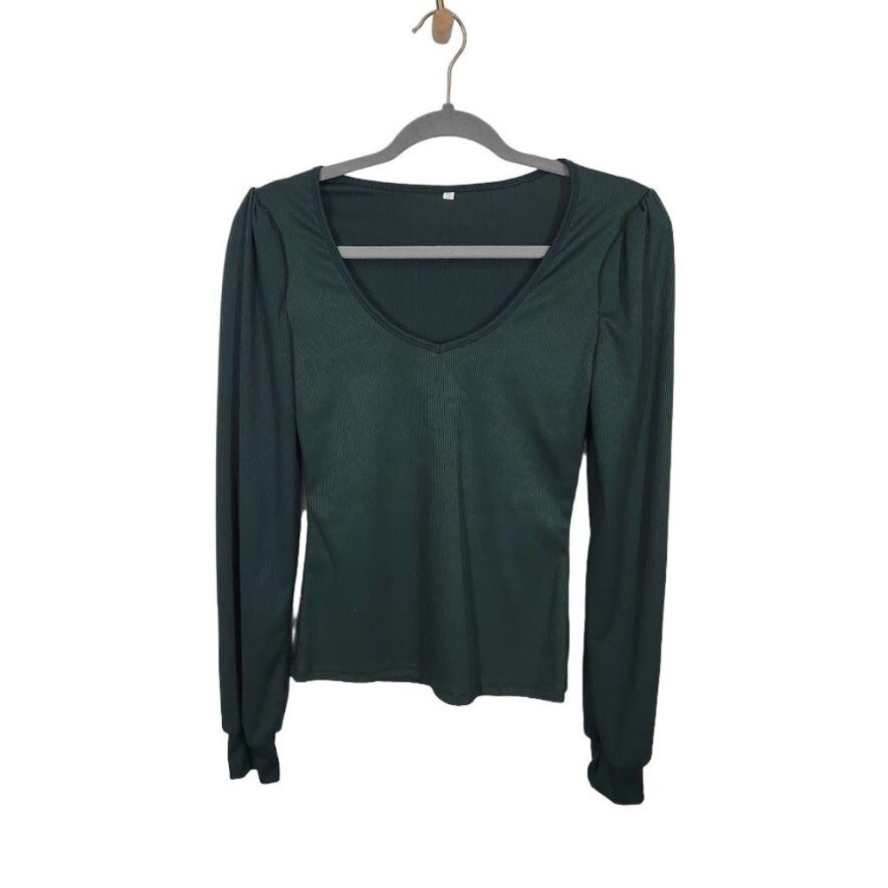 Ribbed Long Sleeve Shirt in Dark Green - Size Small